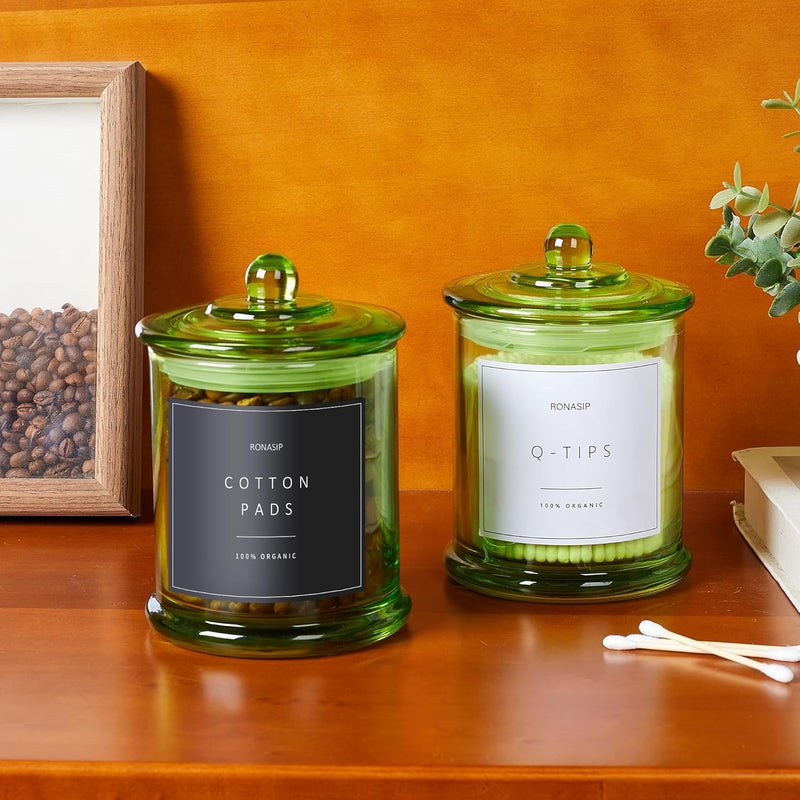 Ronasip Qtip Holder & Cotton Pad Dispenser, Bathroom Organizer and Storage Canisters, 16oz Glass Apothecary Jars for Kitchen, Restroom - Home Decor Accessories, Room Decor Aesthetic (2 Pack, Green) - Image 3